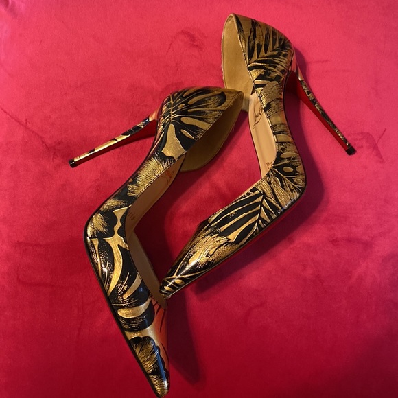 Christian Louboutin 37 IRIZA 100 Pat Lame Hibiscus Black & Gold High Heels - Picture 8 of 10